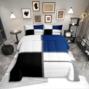 Feelyou Geometric Abstract Duvet Set - Blue and White Striped Comforter, Square Grid Quilt, Modern Art Patchwork Bedding Collection