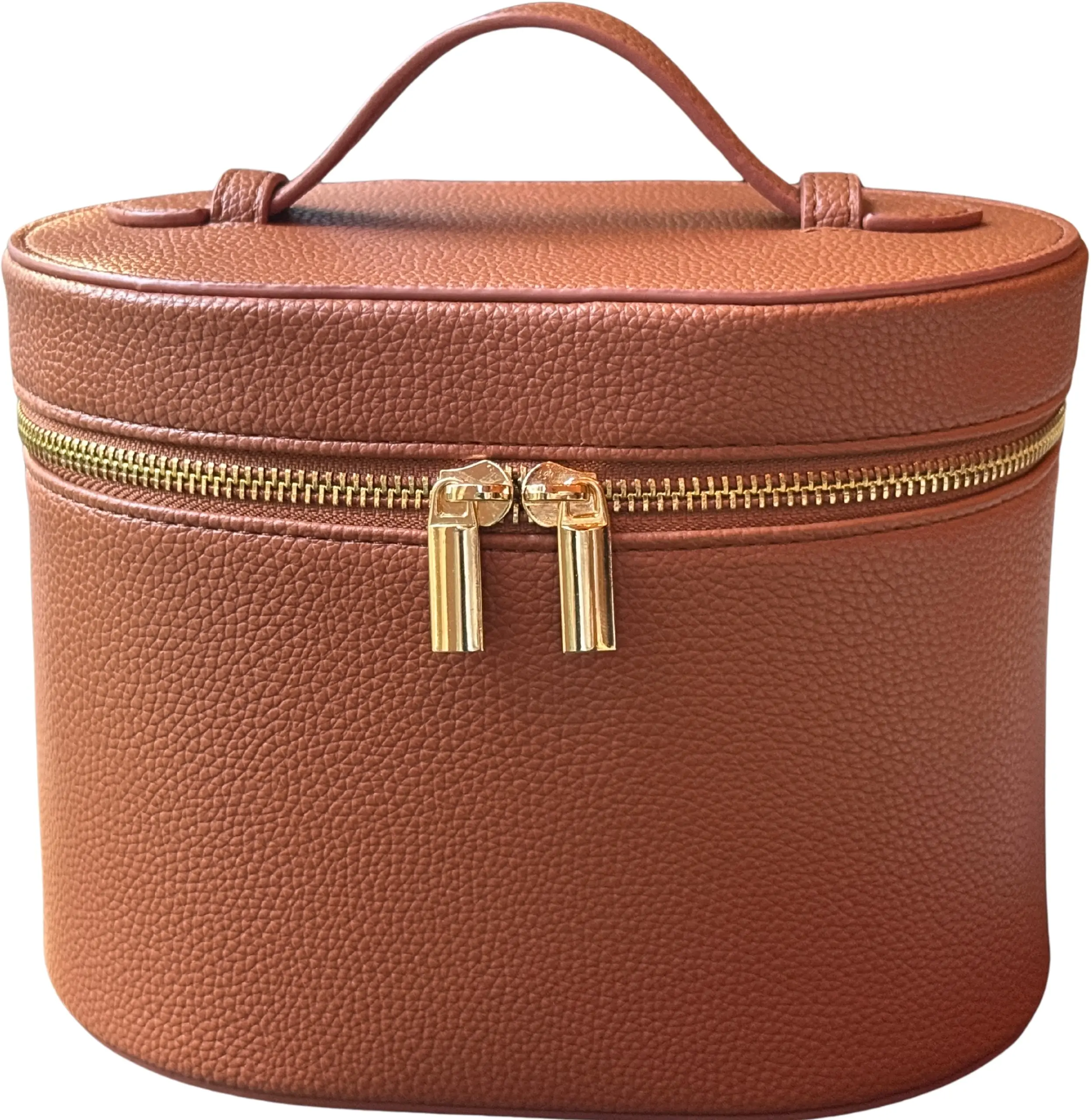 The Vanity Case - Chic Brown PU Leather Cosmetic Bag with Gold Zipper & Handle Design, 8x5.5x6 Inches, Water-Resistant, TSA-Approved Travel Case Makeup Storage Organizer Compact