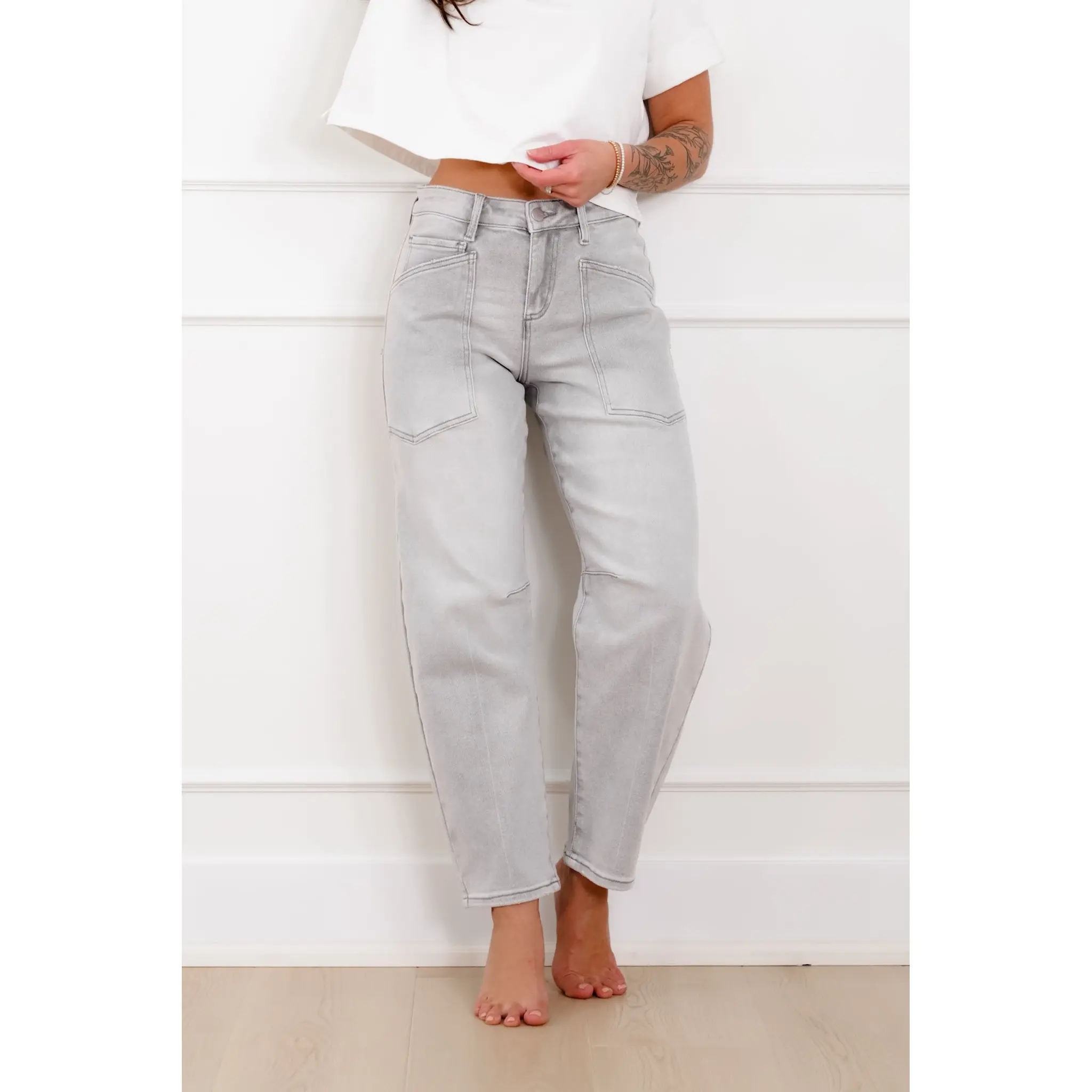 Restock! Risen The Stormi High Rise Grey Barrel Jeans with Patch Pockets