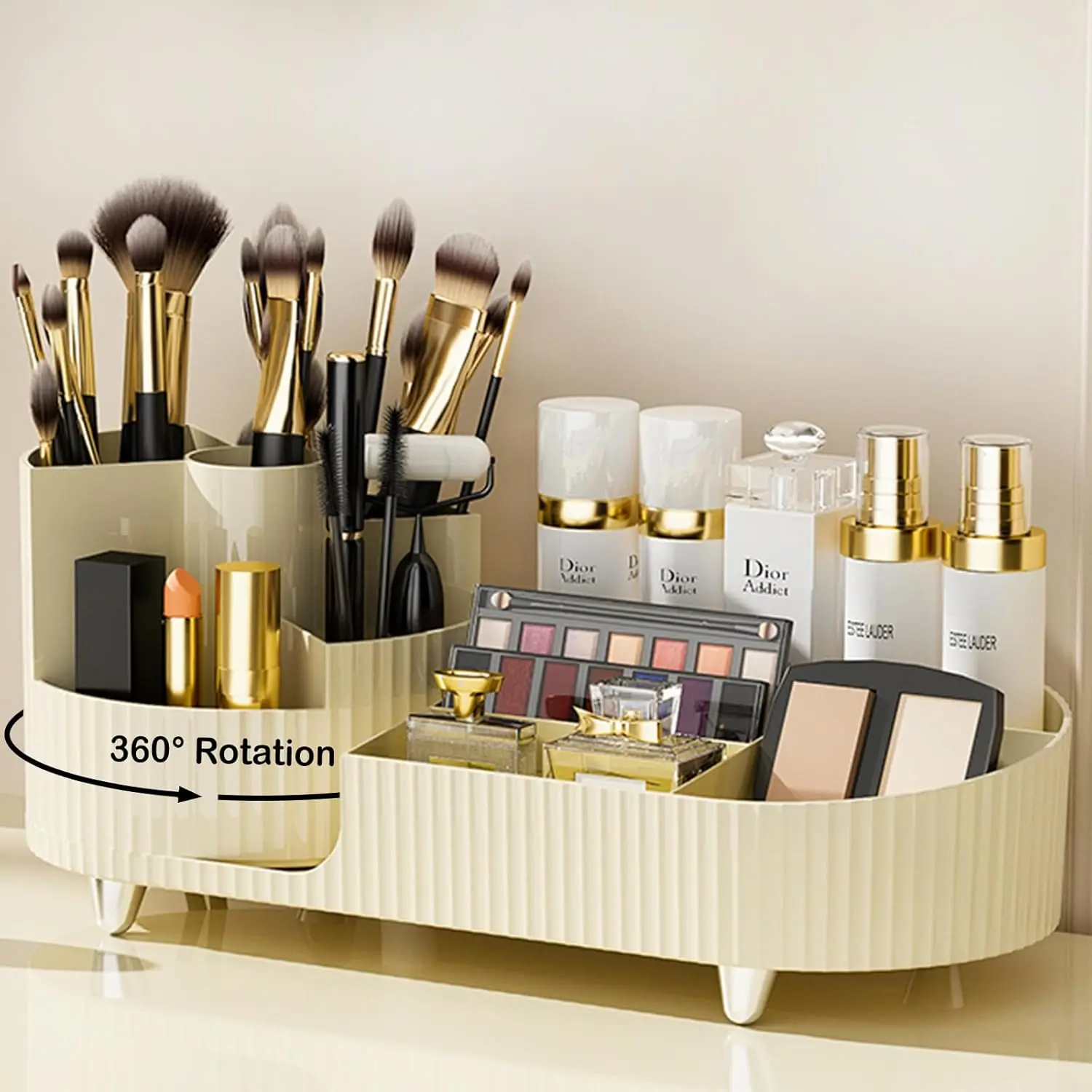 360? Rotating Vanity Makeup Organizer with Brush Holder, Large Spinning  Storage for Skincare, Perfumes and