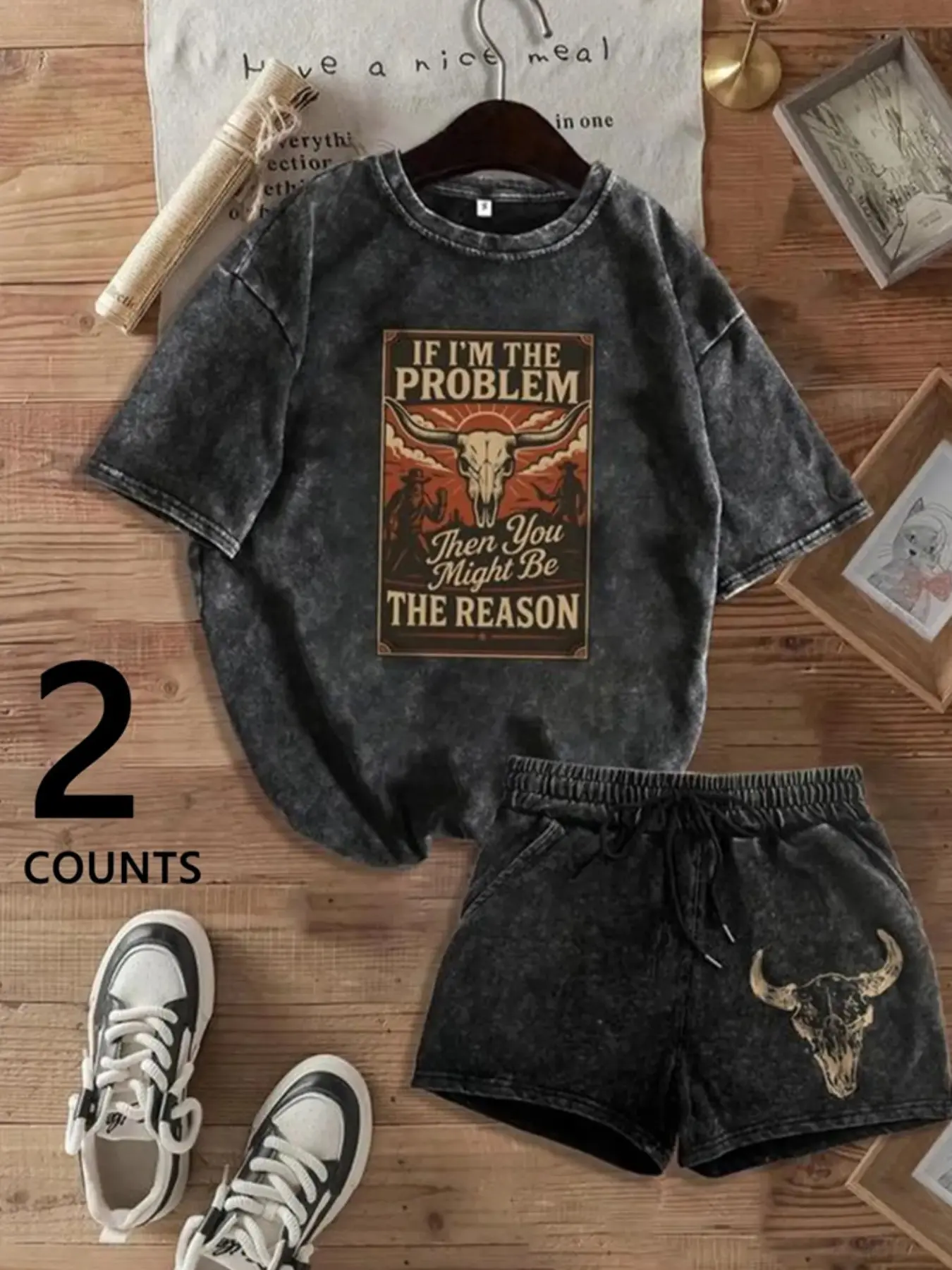 Western Style Washed Vintage Two-Piece Set, Casual Ditsy Floral Print, Regular Length, Loose-Fitting, Trendy Country Music Theme Skull