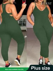 [Plus Size] Solid Color Cami Jumpsuit, Casual Comfy Jumpsuit, Casual Sleeveless Spaghetti Strap Jumpsuit for Summer, Casual Fitted Jumpsuit, Women's Clothes for Daily Wear, Womenswear, Stretchy Overalls, Casual Jumpsuits, Stylish Jumpsuit