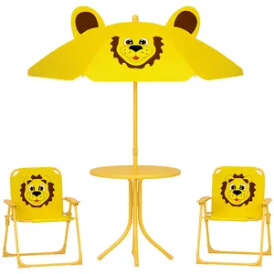 Collapsible Toddler Outdoor Set Folding Chairs Kids Picnic Table and 2 Chairs with Height Adjustable Umbrella Fabric Backrest Armrests for Backyard Ages 3 to 6