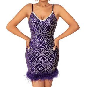 Ladies Knit Feather Dress Summer Sequined Spaghetti Strap with Pearl Accent Elegant Fashion