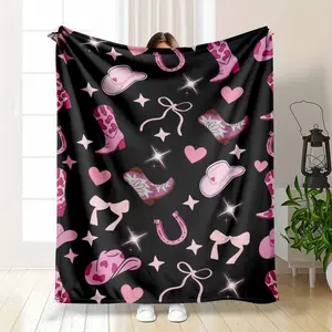 Cowboy Western Flannel Fleece Blanket Pink Boots & Hats Print Soft Warm Cozy Lightweight Perfect for Living Room Couch Bedroom Decor Great Gift for Her Valentine's Day Birthday Home Accent summerwins