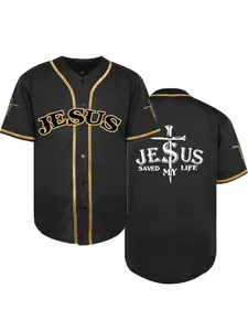 Men's Loose-Fit V Neck Baseball Jersey, "JESUS" Stitched Baseball Shirt, Breathable Short Sleeve Sportswear, for Sports And Leisure, Featuring Street Fashion Embroidery, Ideal for Competitions And Training Sessions