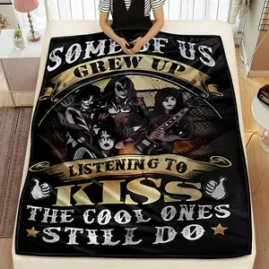 KISS Rock Band Graphic Fleece Throw Blanket - Soft Polyester Flannel with Vintage Music Design, All-Season Cozy Blanket for Bed, Sofa, Office & Outdoor Use - Perfect Gift for Music Lovers, Sofa Throw, Retro Decor, Vibrant Print, Durable Comfort tiktokshop