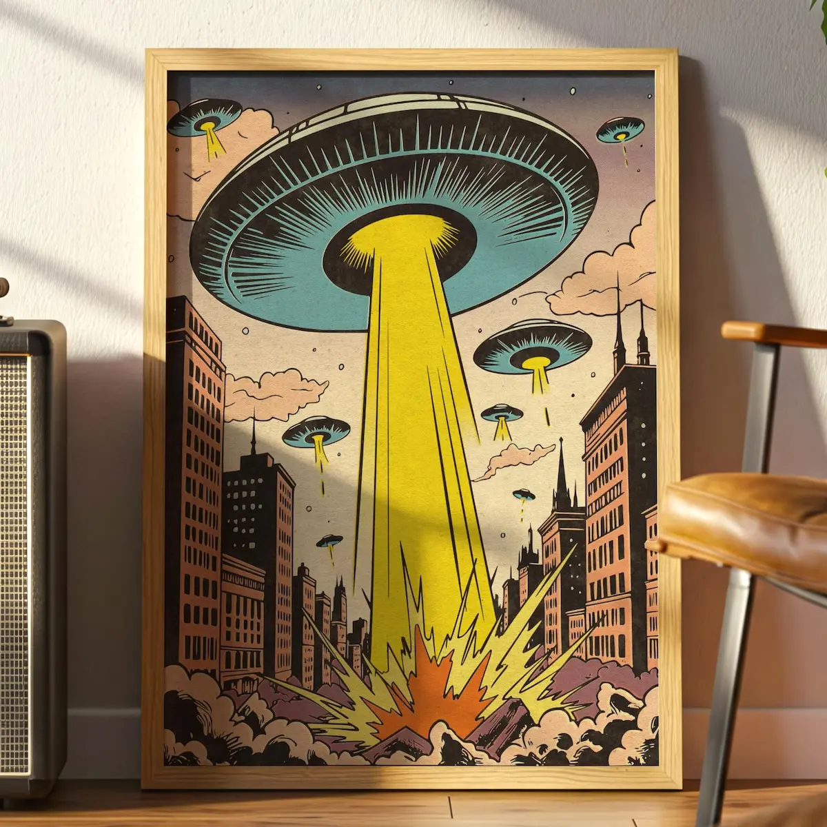 Vintage Comic Style Poster, Retro UFO Invasion Wall Art, Sci-fi Alien Spaceship Print – 5 Size, 8x12 to 27x40 inch, Room Decor, Unframed