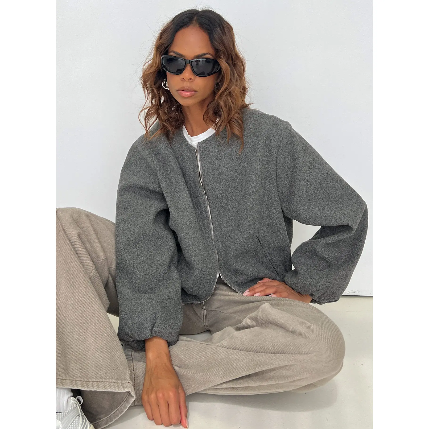 Karletta Cropped Bomber Jacket Grey