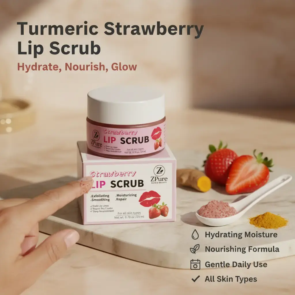ZPure Skin & Beauty Turmeric & Strawberry Sugar Blend Lip Scrub - 0.70 oz/20ml, Hydrating, Nourishing, Damage Repair, Lip Line Fading, Gentle Daily Use for Everyone All Skin Types, Moisture, Repairs Lips