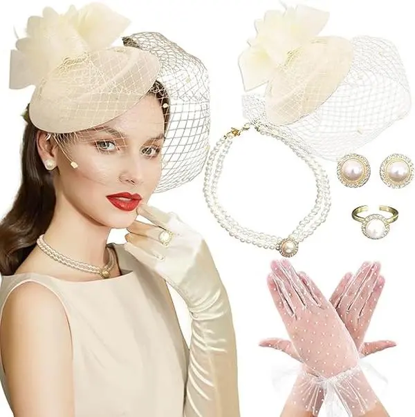 Women's Lace Gloves & Fascinator Hat Set with Veil, Feather, Necklace, Earrings, Choker - Party Hats & Accessories for 20s Wedding, Bridal Shower Champagne Tea Parties