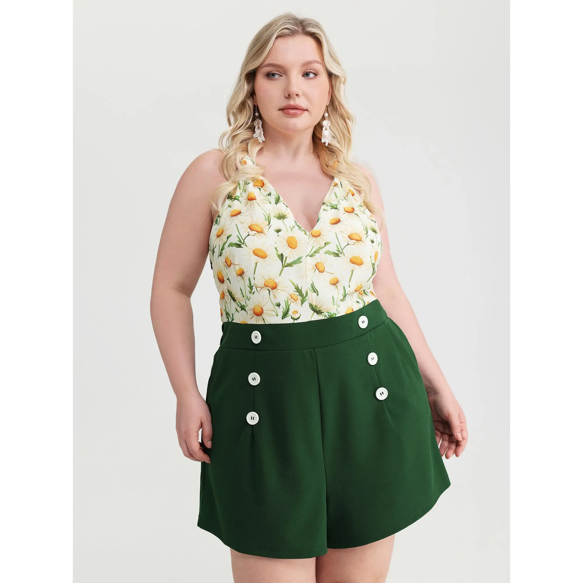 BloomChic Plus Size Ditsy Flowers Rompers for Women, Stylish Overalls with Front Button Detail and Pockets, Fabric, Stylish Women's Wear, Halter Neck, Plus Size Overalls, Colorblock, Smooth, Spandex, Garment, Sleeve, Fit, Polyester