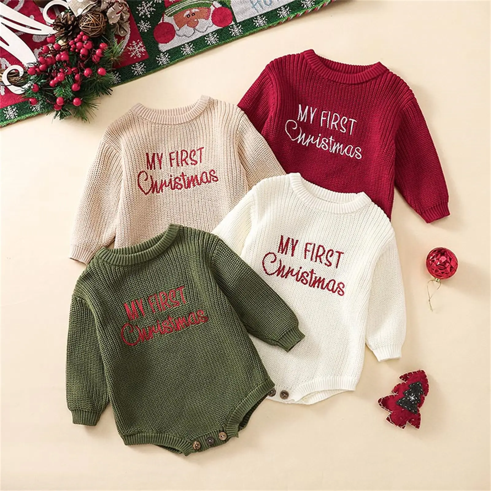 TheFound My First Christmas Baby Outfit Girl Boy Christmas Sweater Bubble Romper Long Sleeve Jumpsuit Fall Winter Outfit 0-18M