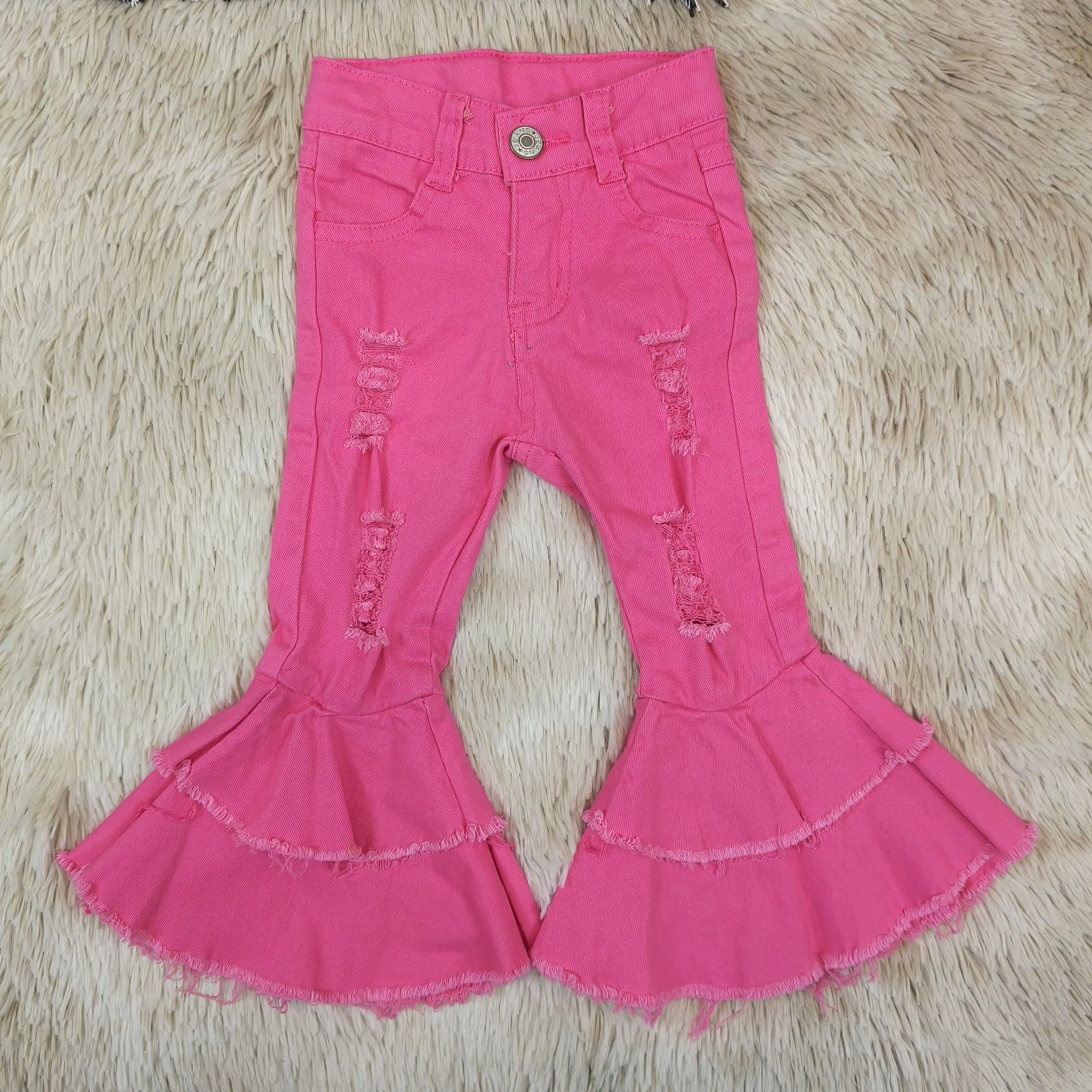 Girls' Solid Distressed Jeans, Comfortable Kids' Casual Pants in Classic Denim Fabric for Everyday Wear, Solid Color Pants, Casual Wear, Distressed Texture