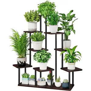 AZERPIAN Plant Stand 4 Tier Indoor Metal Flower Shelf for Multiple Plants Corner Tall Flower Holders for Patio Garden Living Room Balcony Bedroom, Black oak