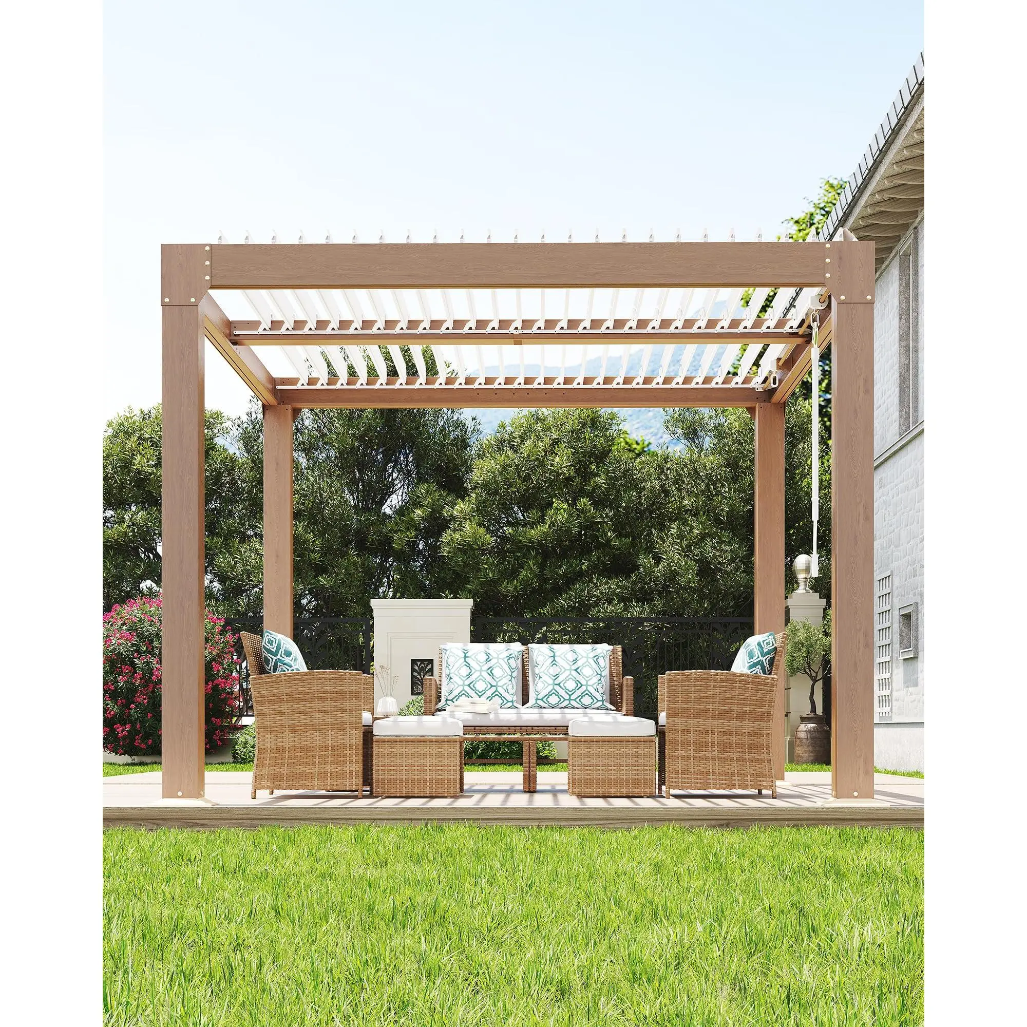 Adjustable Louvered Roof Outdoor Pergola - Reinforced Aluminum Frame Hardtop Pavilion with Sun Protection, Wind Resistance, Pre-Drilled Holes, Built-In Drainage Design for Patio Deck Leisure Space