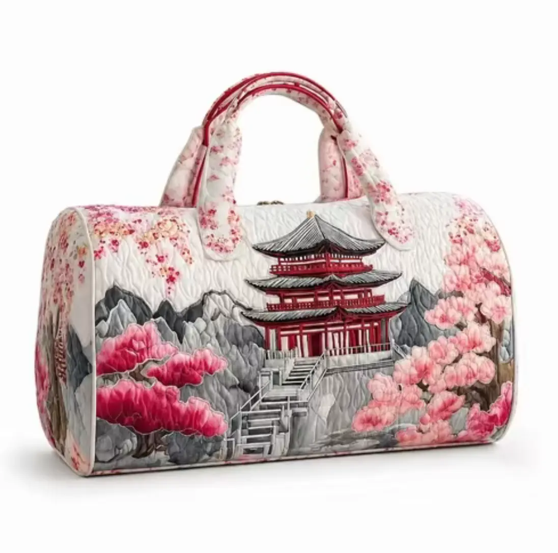 Vintage Quilted Cherry Blossom Print Weekender Duffel Bag - Unisex Gym Carry On Bag for Airplanes, Overnight Trips, Hand Carry Luggage, Carry On Bags For Airplanes