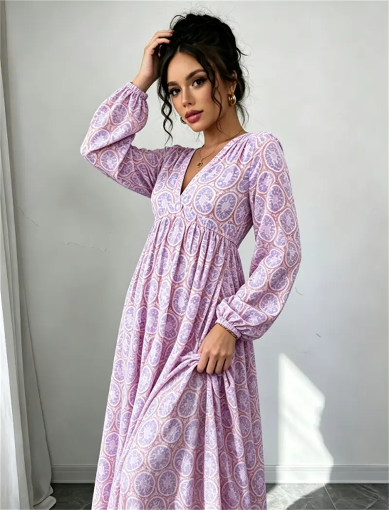 Women's Long-Sleeve V-Neck Random Print Everyday Casual Dress, Chic, All Over Print, V-Neck Pullover