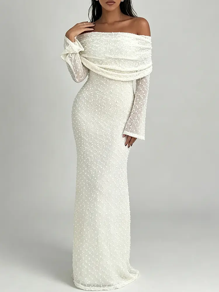 Women's White Off-Shoulder Cowl-Boat Neck Polyester Textured Long Formal Dress - Chic Long Bell Sleeves, Slim Straight Bodycon Fit, Hand Wash, All Seasons, Wedding Guest Elegant Option