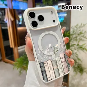 Magnetic Phone case for iPhone 17 16  Pro Max Plus 15 14 13 12 11 Air E Floral Book Charm Pattern Non-Yellowing Shockproof Soft Silicone Transparent Acrylic Cover Supports Wireless Charging