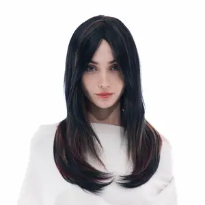 23-Inch Darkest Brown (Blonde and Burgundy Highlights) Straight Inward Curve Synthetic Wig | 【Heat Resistant】【Cap Included】 | FSGB