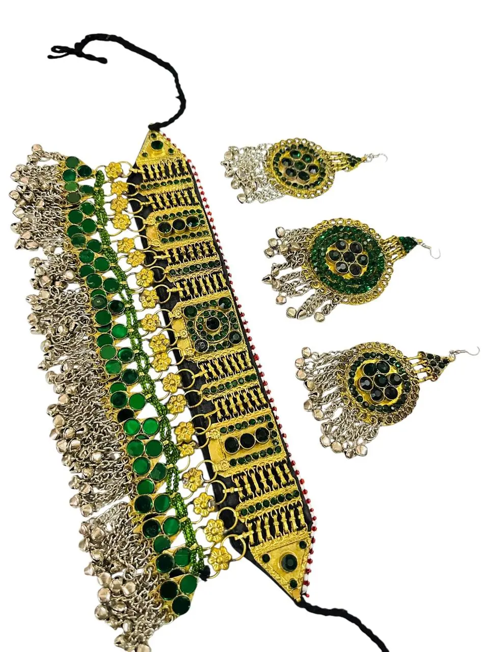 Jewelry Sets for Women, Handcrafted Afghan Tribal 2-Piece Choker & Earrings with Green Stones & Bells, Antique Gold Boho Meaningful Gifts, Necklaces Earrings Set, Boho Jewelry Set