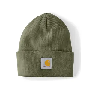 Carhartt A18 Knit Cuffed Beanie Dusty Olive - 100% Acrylic Rib Knit for Warmth & Comfort - Fold-Up Cuff with Carhartt Patch - Iconic Design for Cold Months