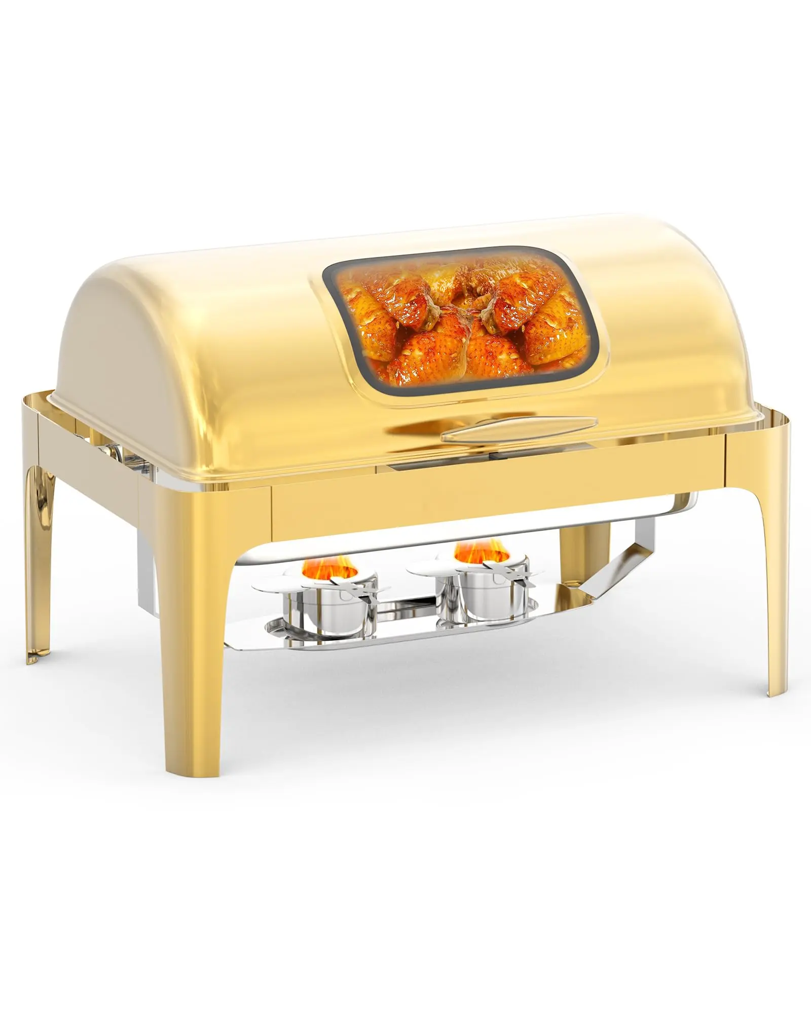 GAOMON 180° Adjustable Roll Top Chafing Dish Set - 9QT Rust-Resistant Rectangular Stainless Steel Food Warmer Server for Desserts,Pasta, with Glass Cover (Viewing Window), Detachable Parts, Water Pan, Stand, Fuel Holder Clip, Dishwasher Safe, Gold