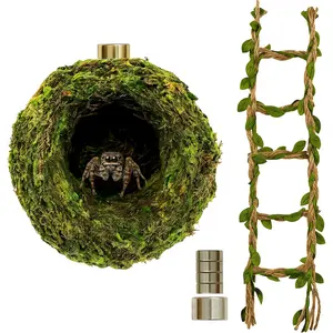 Natural Handmade Moss Hideout & Hemp Rope Bridge, Jumping Spider Habitat Decor, Small Animal Enclosure Accessories for Climbing & Hiding