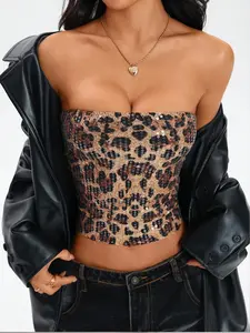Women's Vintage Leopard Sequin Halter Top, Y2K Millennium Style, Sleeveless Crop Tank Fit, Party, Summer Fashion, Womenswear, Lady