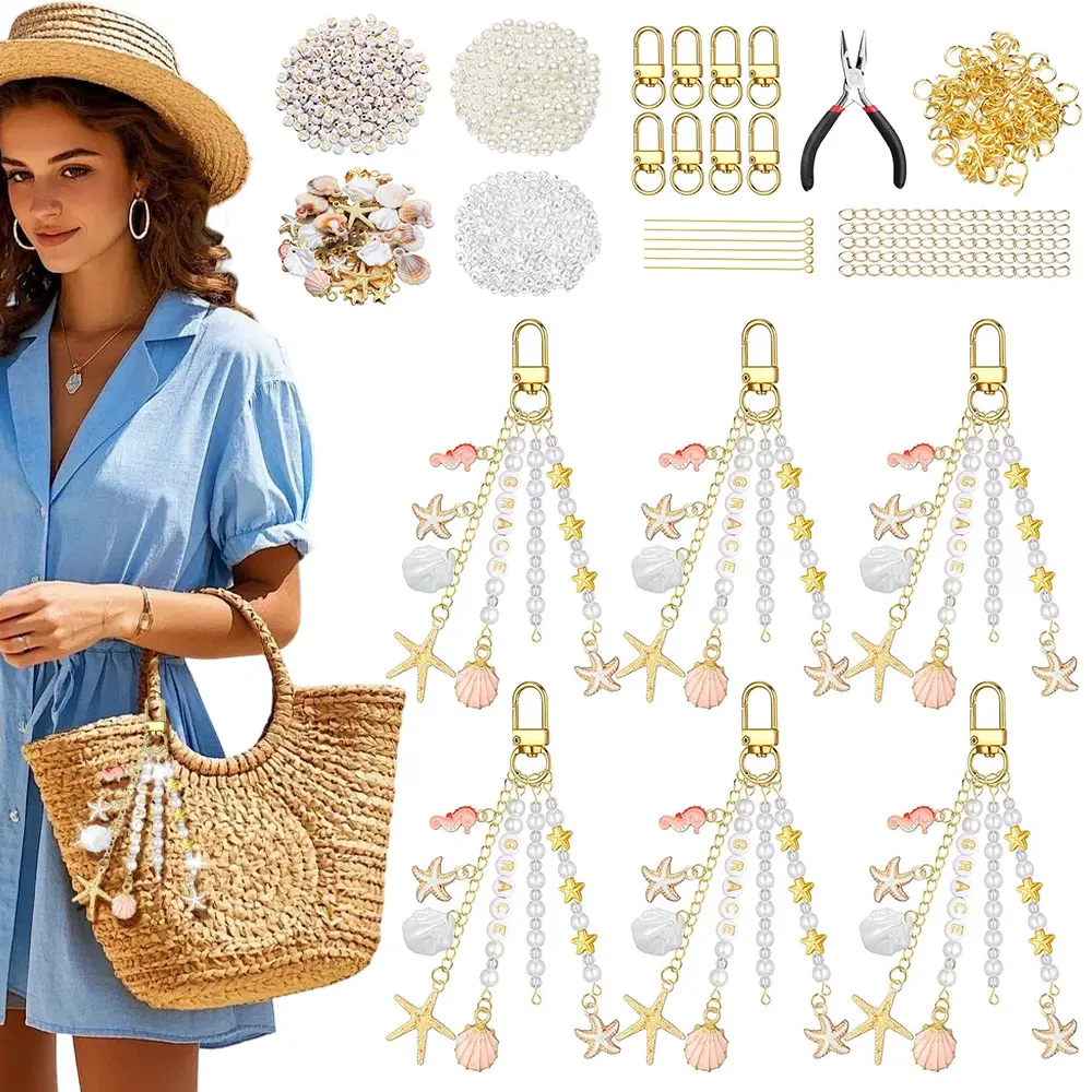 776 Pcs Beach Seashell Bag Charm Making Kit, Ocean Coastal DIY Keychain Set with Letter Beads, Pearl Beads, Charms, Clips and Pliers for Backpacks Purses Totes Crafts