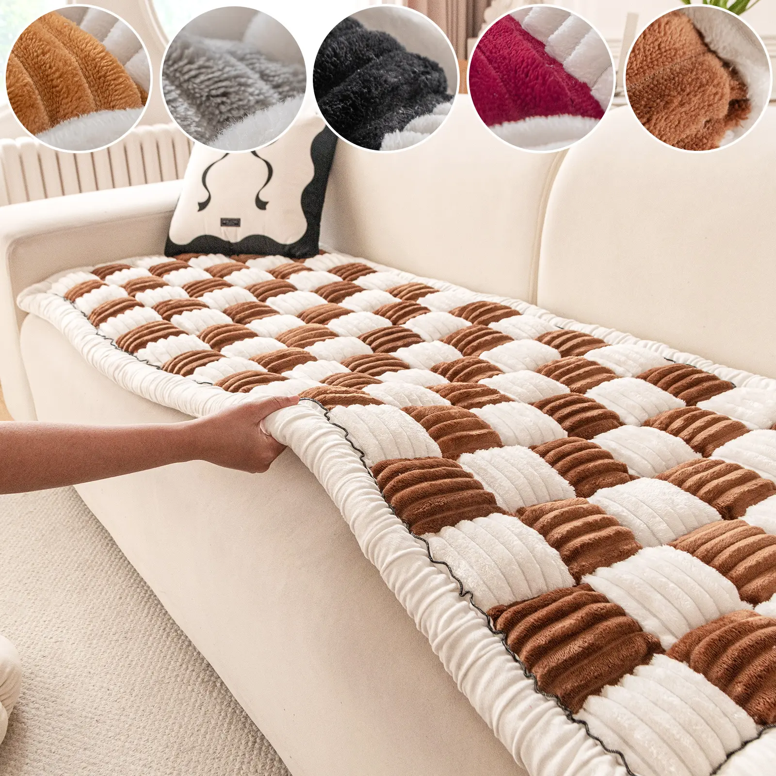Luxury Plush Thick Sofa Cushion, Anti-Slip Wooden Real Leather Seat Pad, Autumn Winter Home Decor, Elegant Design for Living Room & Bedroom