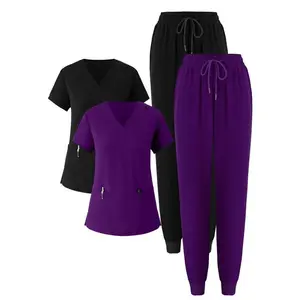 4-piece women’s medical workwear set – elastic, breathable V-neck top and drawstring pants with functional pockets – purple and black – minimalist fit – machine washable, durable, suitable for healthcare professionals GARMENTARY