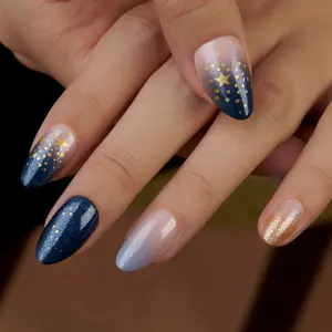 Curvlife medium almond star Nail Art Press On Nails patterns prints pink glossy shiny 2 Week Wear