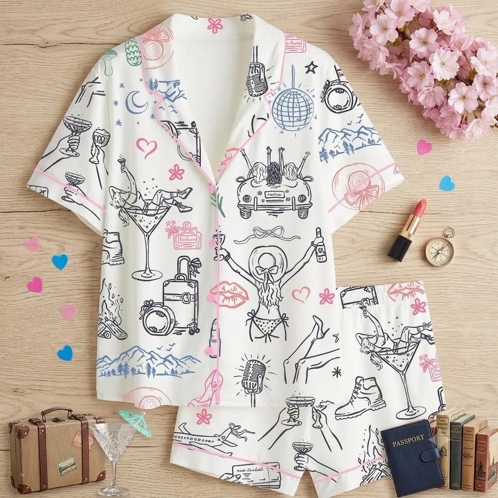Girls Trip Pajamas Set, Bachelorette Party Pjs, Matching Bridesmaid Pajama, Short Sleeve Button Down Loungewear, Girls Weekend Sleepwear, Retro Doodle Vacation Road Trip Outfits, Disco Cocktail Bride To Be Gift, Pink Trim Cute Nightwear Set for Women