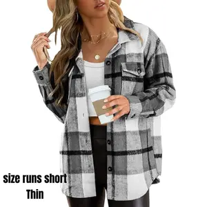 Plus Size Womens Shacket Jacket Flannel Plaid Long Sleeve Button Down Shirts Casual Fall Blouses Tops Denim Fabric tweed blazer size runs short Thin