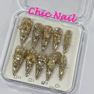 Chic Nails Handmade Luxury Gold & Silver Embellished Press - On Nails | Loaded with Rhinestones & Metal Decor | US TikTok's Hottest Glam Style | Perfect for Weddings, Galas and Special Occasions