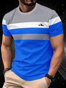 Men's Blue Striped Fitted T-Shirt, Mountain Print Outdoor Casual Short Sleeve, Fashionable Summer Top, Comfortable and Stylish, Menswear