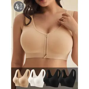 QUASTI 3/4 Pack Front Zipper Seamless Bra, Easy On & Off Wireless Support Bra, Comfortable Everyday Lingerie for Women, M-XXL
