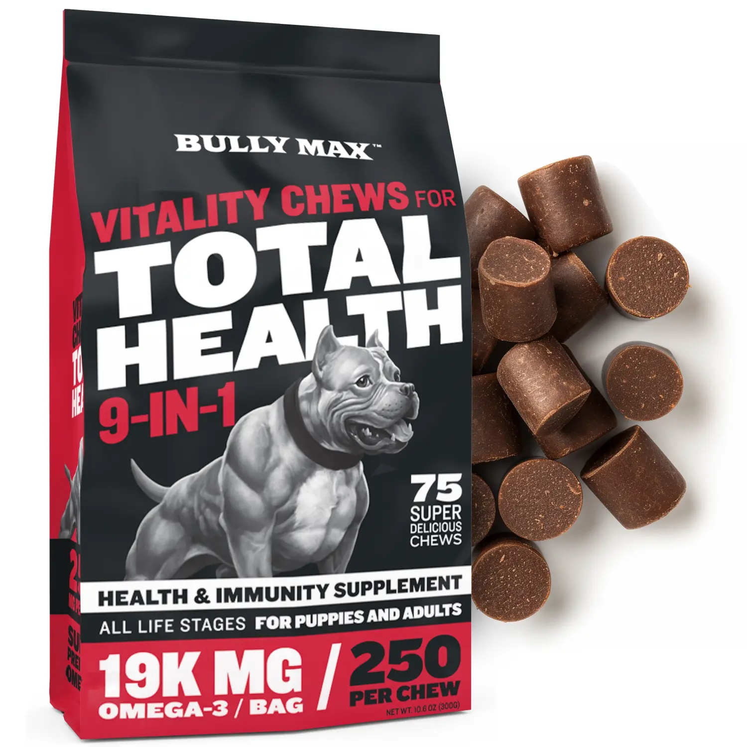 9-in-1 Bully Max Dog Supplement for Allergy Relief, Joints, & Probiotics for Gut Health - Soft Chew, Easy to Feed, No Artificial Colors or Flavors. Made and ships from USA.