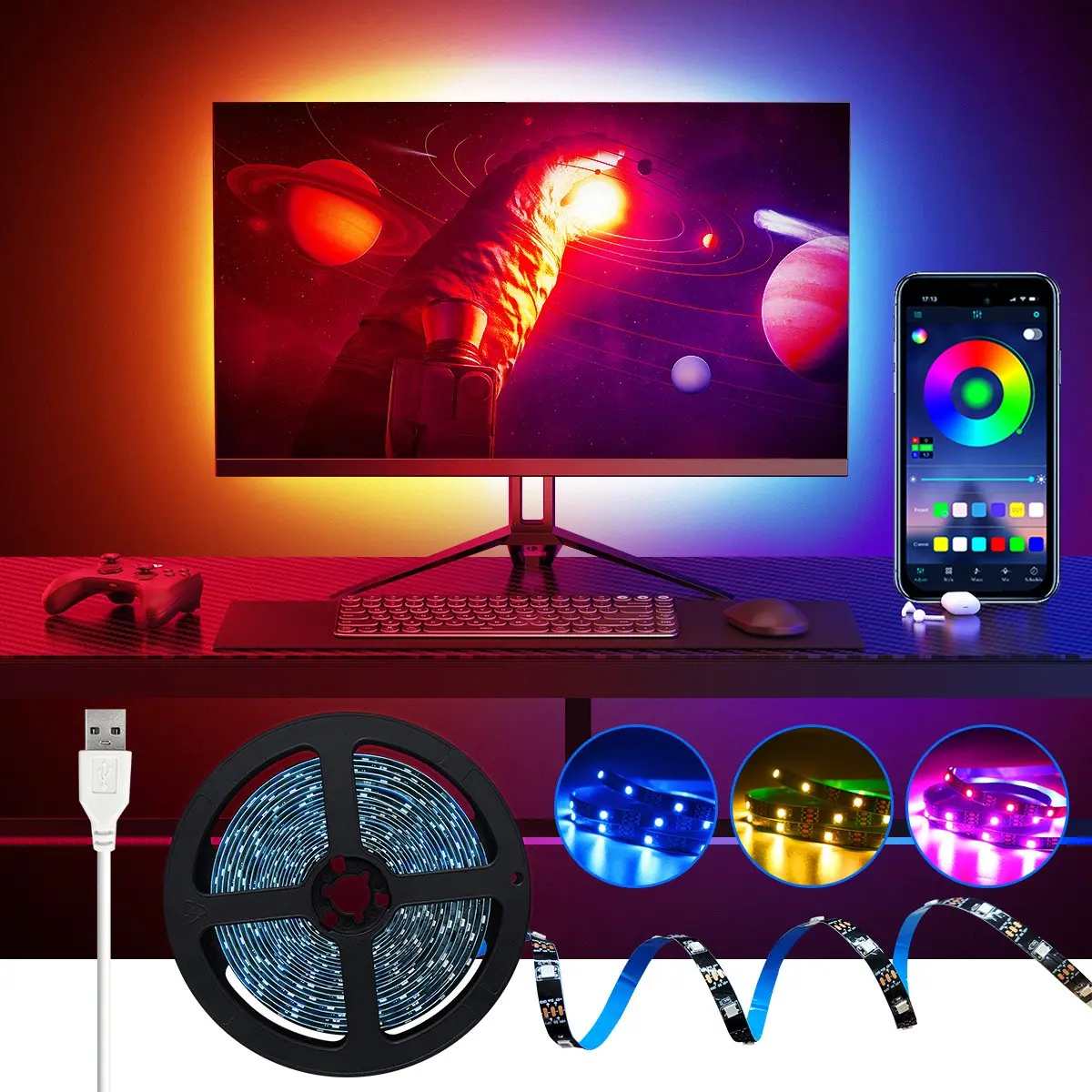 Immersive LED Background Light for Computer and TV, Ambient LED Lights, LED Lights Strips, APP Controlled Color Sync Lighting, Perfect for Gaming and Bedroom Decoration