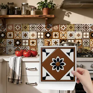 24 Piece Moleskin Style Geometric Floral Wall Stickers, Self-Adhesive Removable Waterproof Kitchen Decor, Living Room Bedroom Bathroom Art