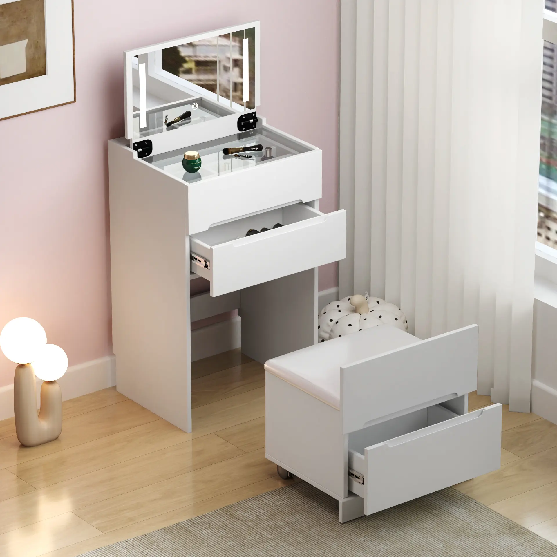 3 in 1 Vanity Desk with open Top Mirror,Small Make Up Vanity Set with Visible Glass Desktop,Compact Makeup Vanity with 3 Drawers,Dressing Table for Bedroom vanity makeup desk vanity with mirror vanity desk vanity para mujer cheap vanity