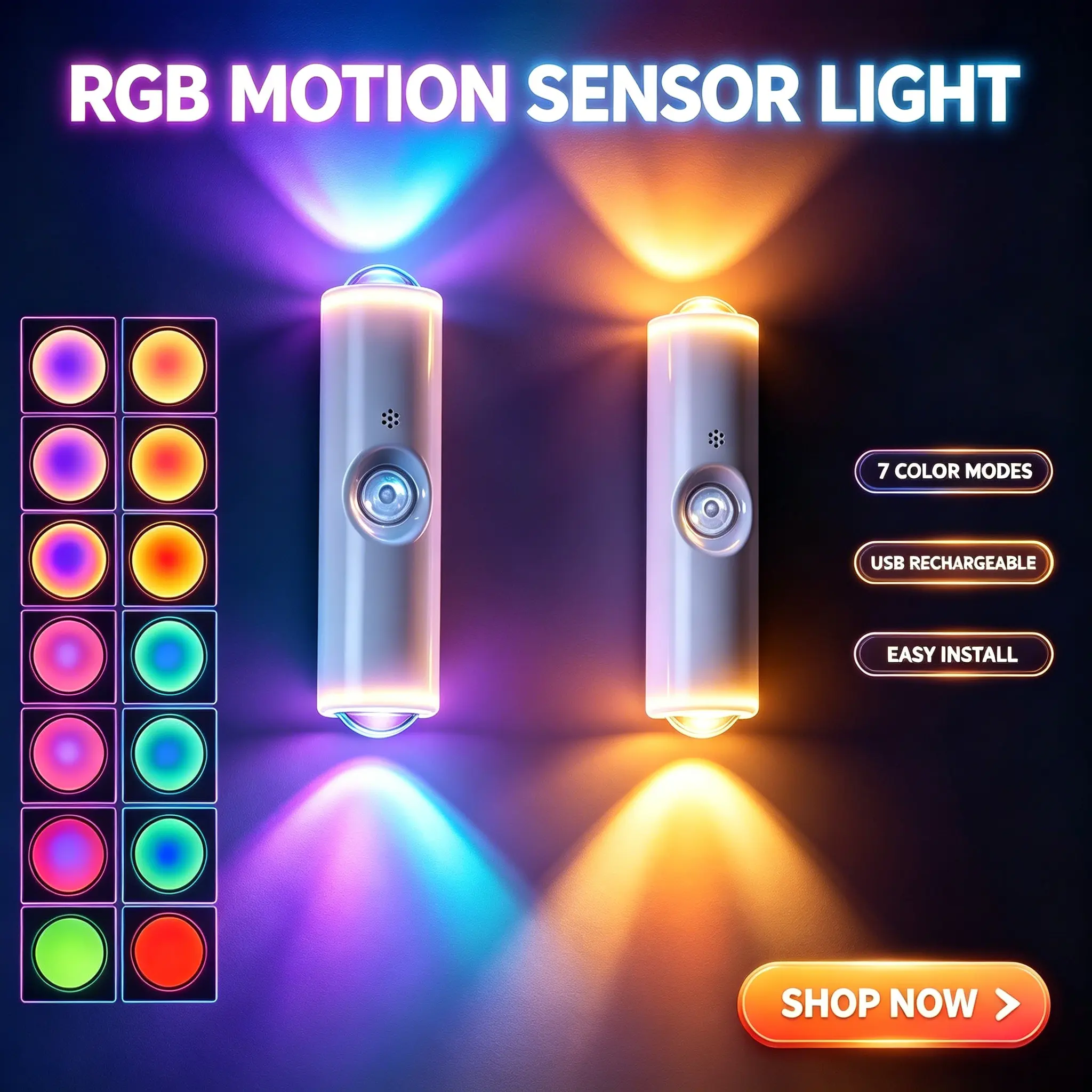 Compact RGB Color Changing Rechargeable Magnetic LED Motion Sensor Wall Lamp - USB-C Charging, Wall Mounted, Portable Auto-On Night Light for Bathroom, Wardrobes, Cabinets, with Room Decor Functionality, Closets