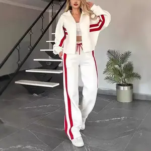Two Piece Set Women Fashion Striped Print Lapel Zipper Coat High Waist Pants Outfit Autumn Winter Long Sleeve Suit Tracksuit Asian Check