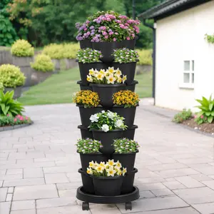 VECELO Strawberry Vertical Planters Tower Garden, 7 Tiered Stacking Herb Vegetable Planter With Support Pole Indoor And Outdoor