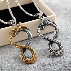 Viking Style Dragon Ouroboros Pendant, Men's Titanium Steel Necklace, Punk Biker Accessory
