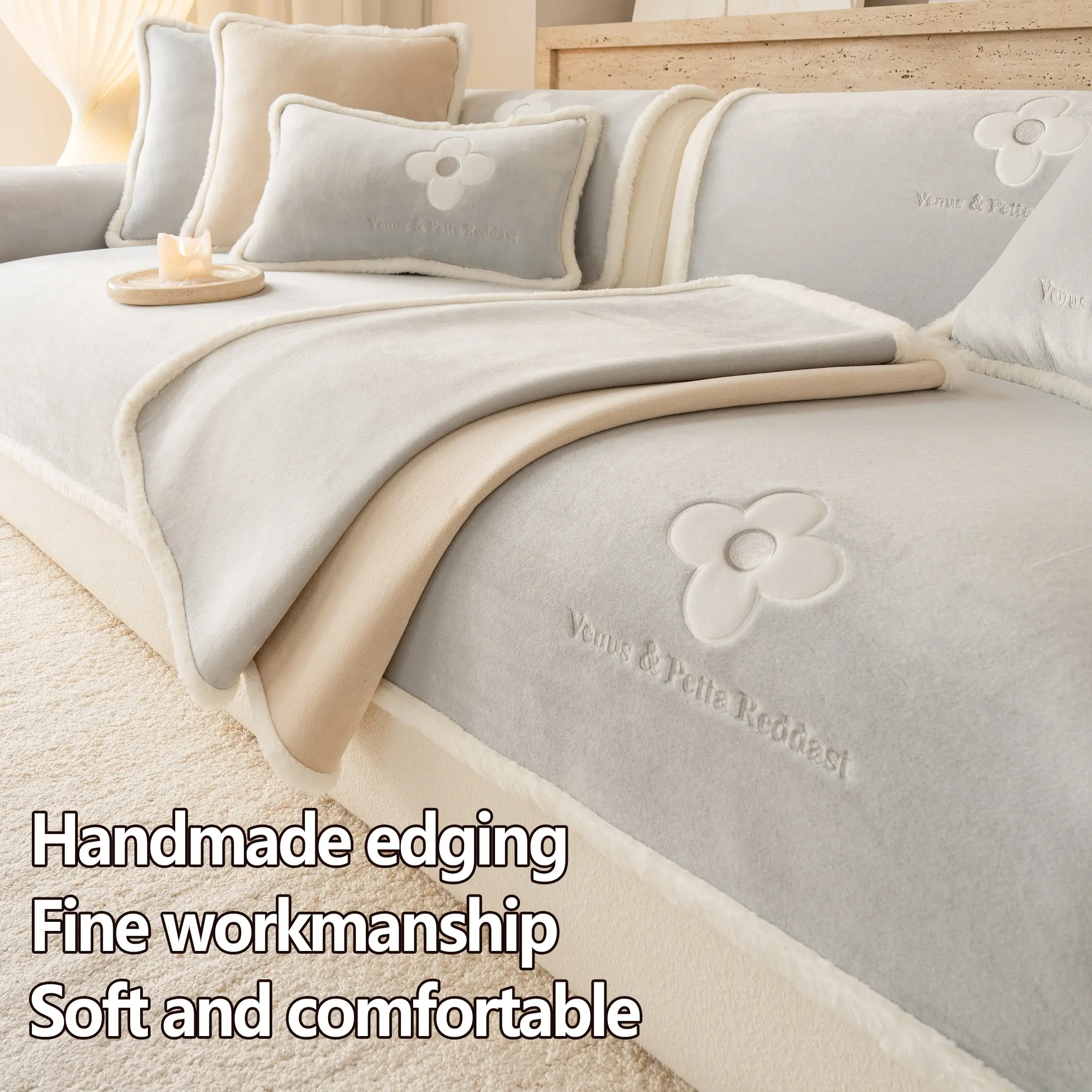 1pc Embroidered Plush Sofa Cover, Patch Decor, Warm and Breathable, Anti-Slip Back Design, Ideal for Bedroom, Office, Living Room