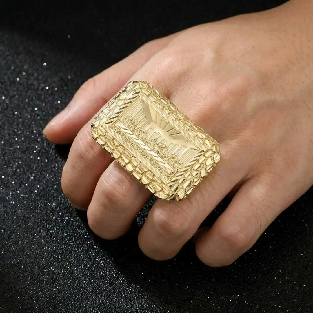 Last Supper Double Finger Nugget Ring 14K Stainless Steel by "Money Made Jewelry": Size 12 ONLY Unisex Luxury Ring