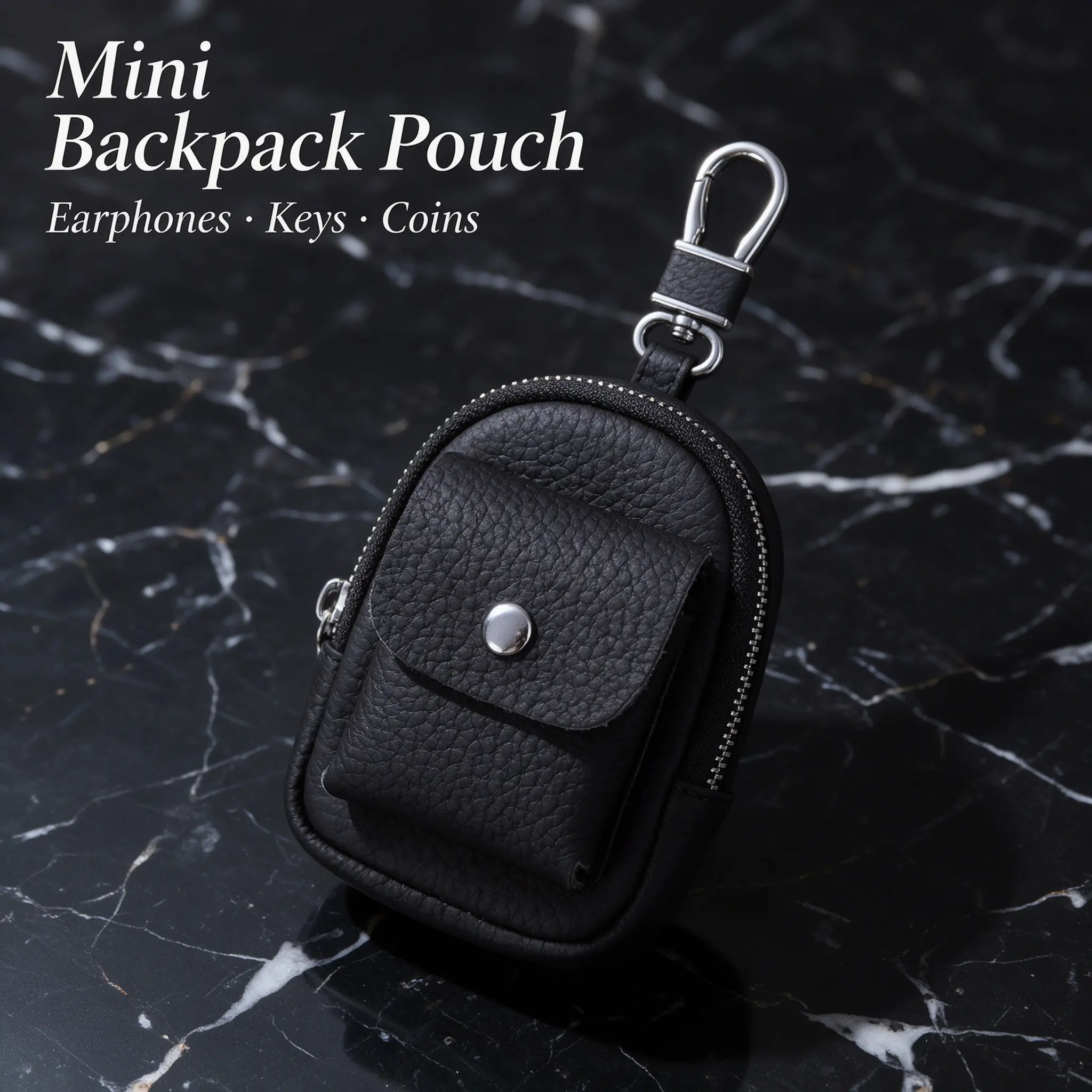 Genuine Leather Mini Backpack Pouch - Tiny Coin Purse with Snap Pocket & Key Ring, Bag Charm with Clip, Small Essentials Pouch for Keys, Coins & Tiny Personal Items for Men Woms Coins, Men Women